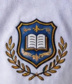 Insignia escolar bordada con hilo dorado y azul