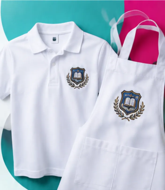 Polera blanca y delantal con insignia bordada